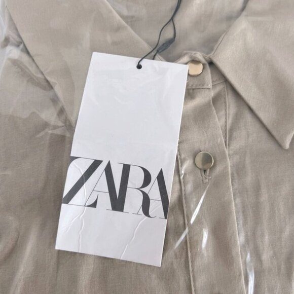 Zara - Women's Linen Blend Mini Shirt Dress - Light Beige. Size: XL. NWT. (1718) - Picture 4 of 16